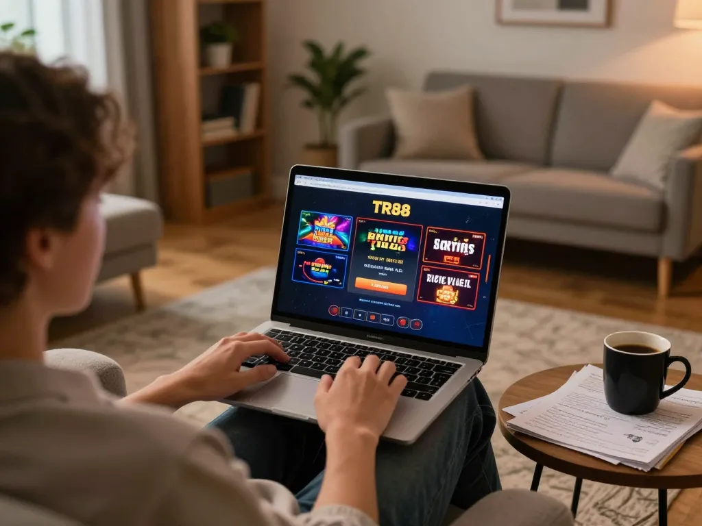 Engaging online gaming experience with đăng nhập TR88 displayed on laptop in a cozy home setting