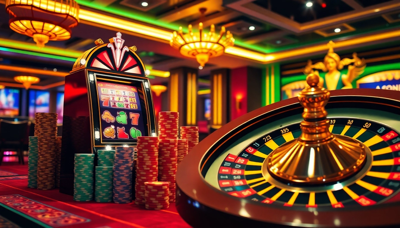 Nổ Hũ players engaging with a luxurious slot machine and vibrant casino setup.