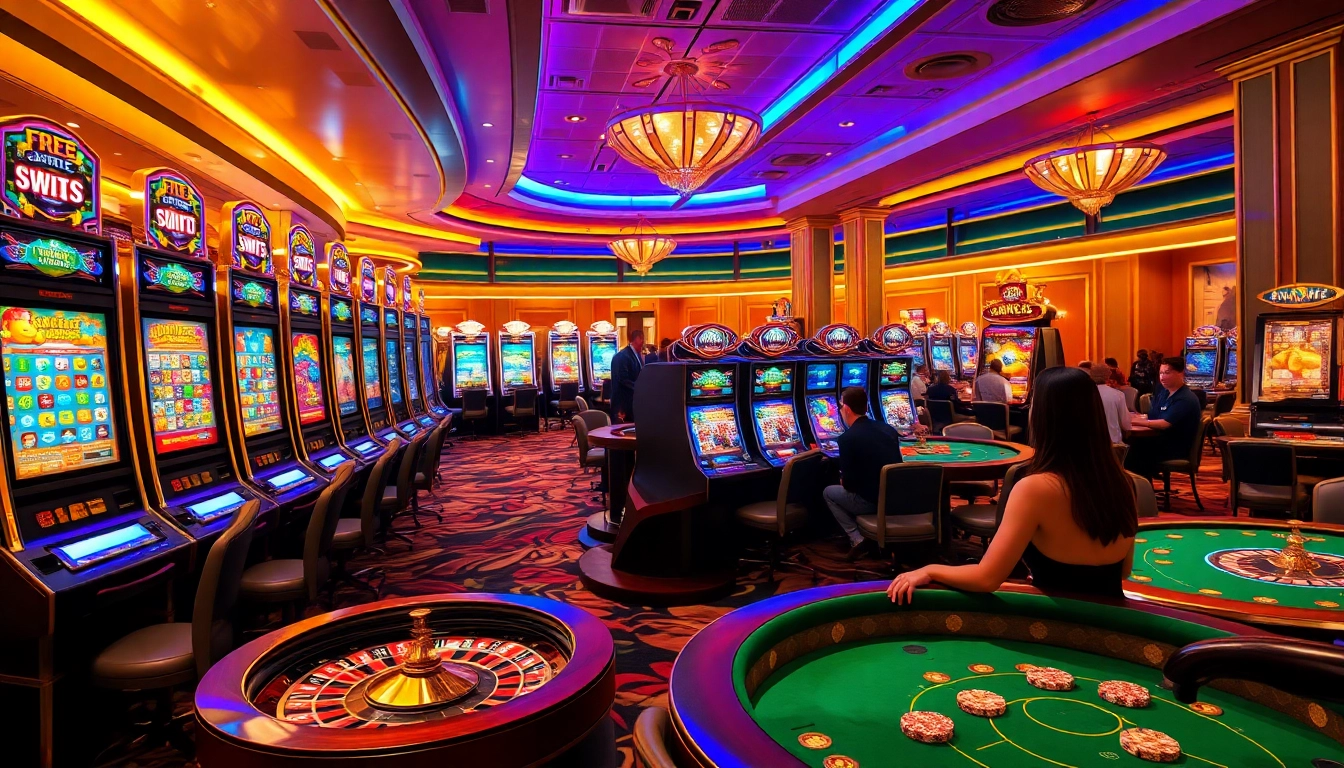 Players enjoying free credit live22 at a luxurious casino environment, surrounded by vibrant slot machines and poker tables.