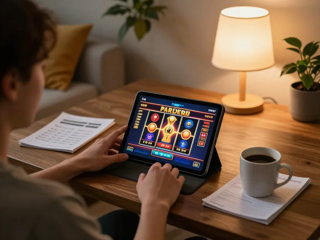 Engaged player using a tablet for online gaming at https://vin88.is/, showcasing an exciting slot machine interface.