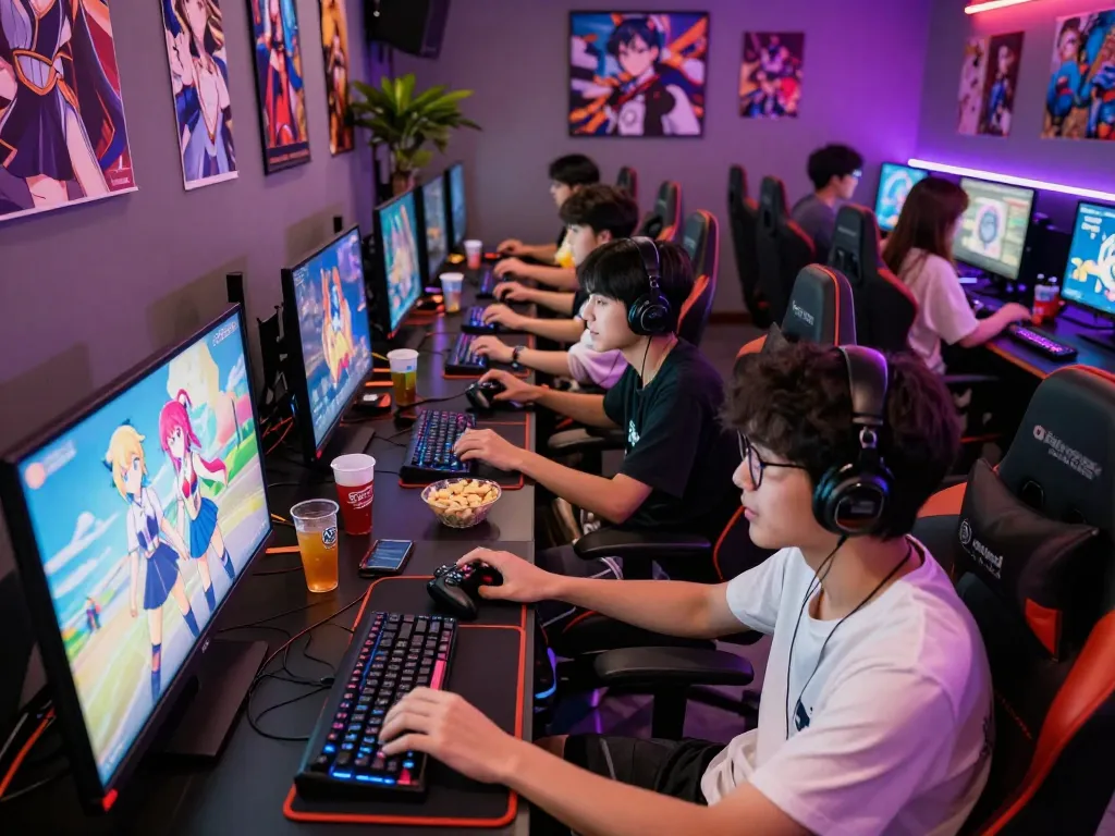 Friends enjoying hentai games in a vibrant gaming cafe with neon lights.