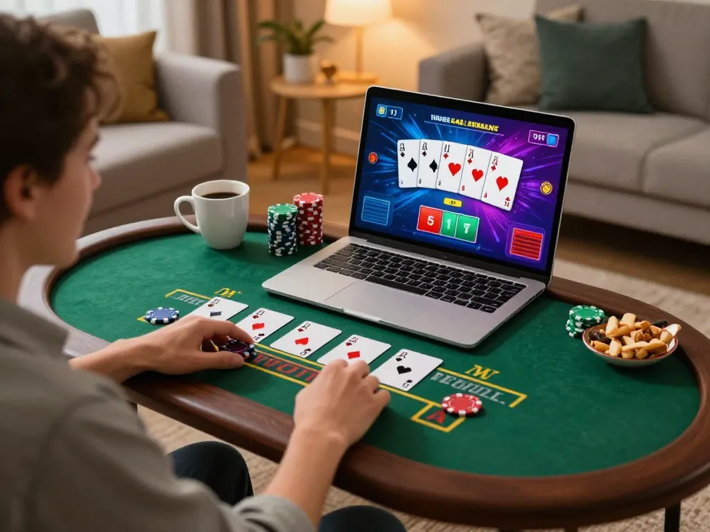 Person engaging in online gaming at https://www.mnm88.com/ enjoying blackjack in a cozy home setting.