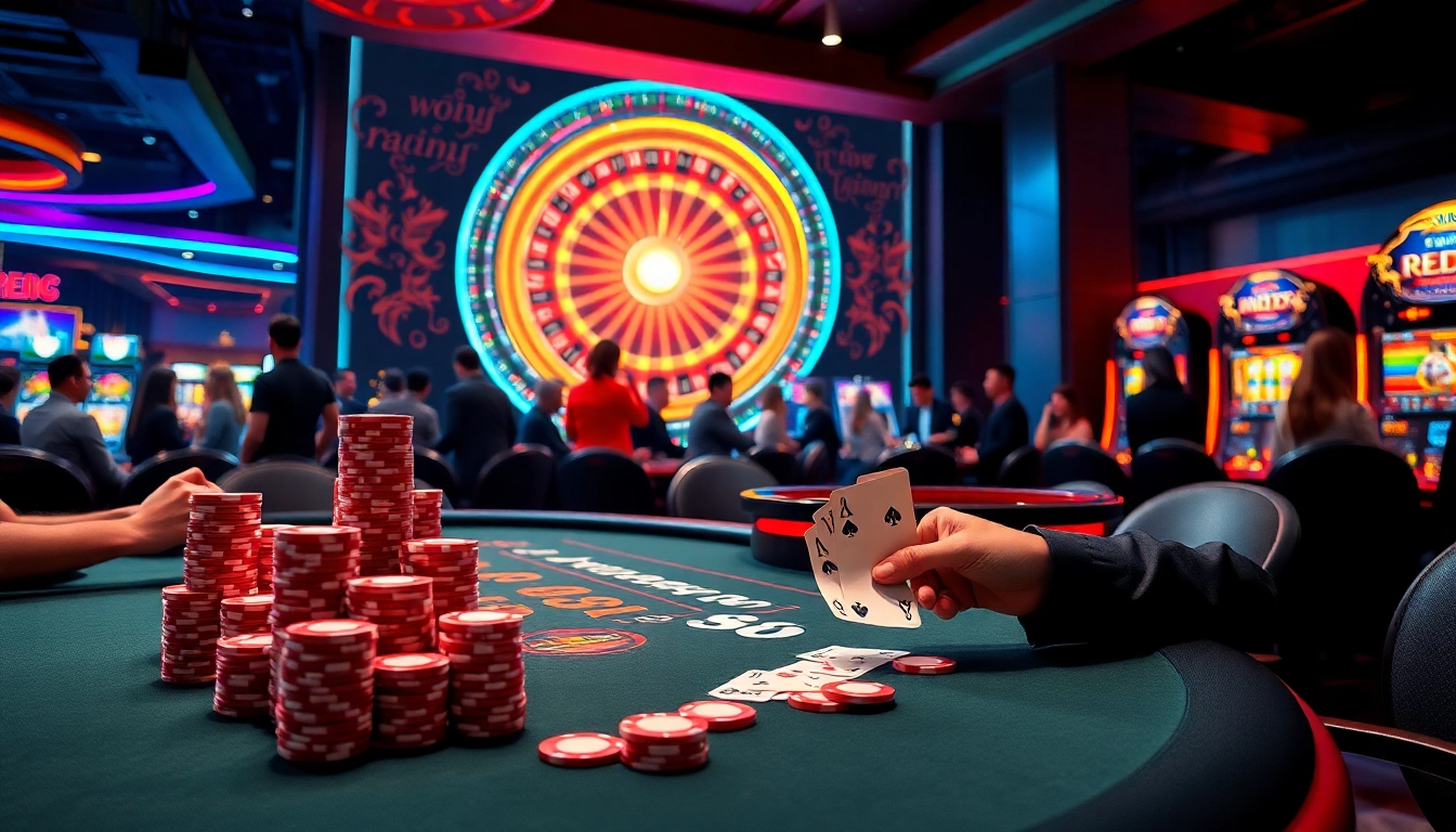 Players engaging in a thrilling poker game at RED88 casino, showcasing excitement and strategy.