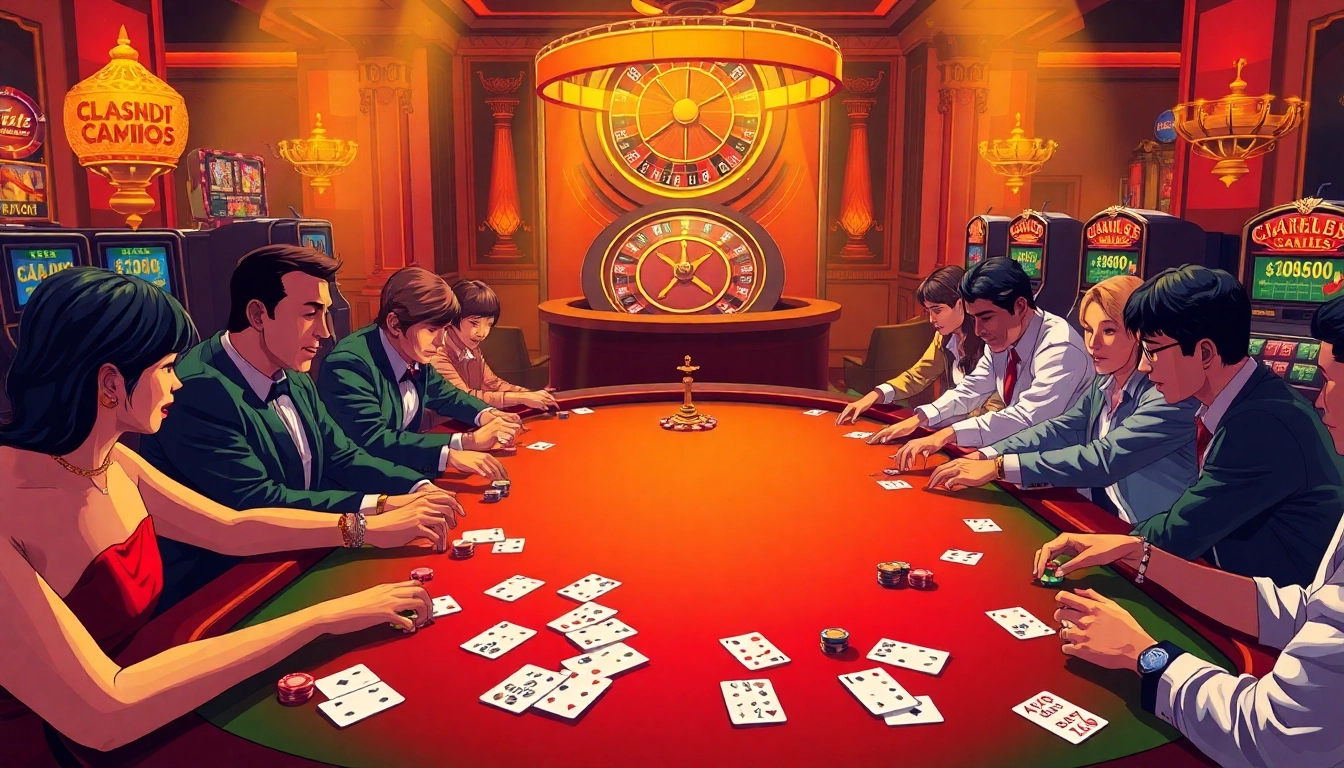 Players enjoying a thrilling game at ck01.tv’s luxurious casino with vibrant tables and rich colors.