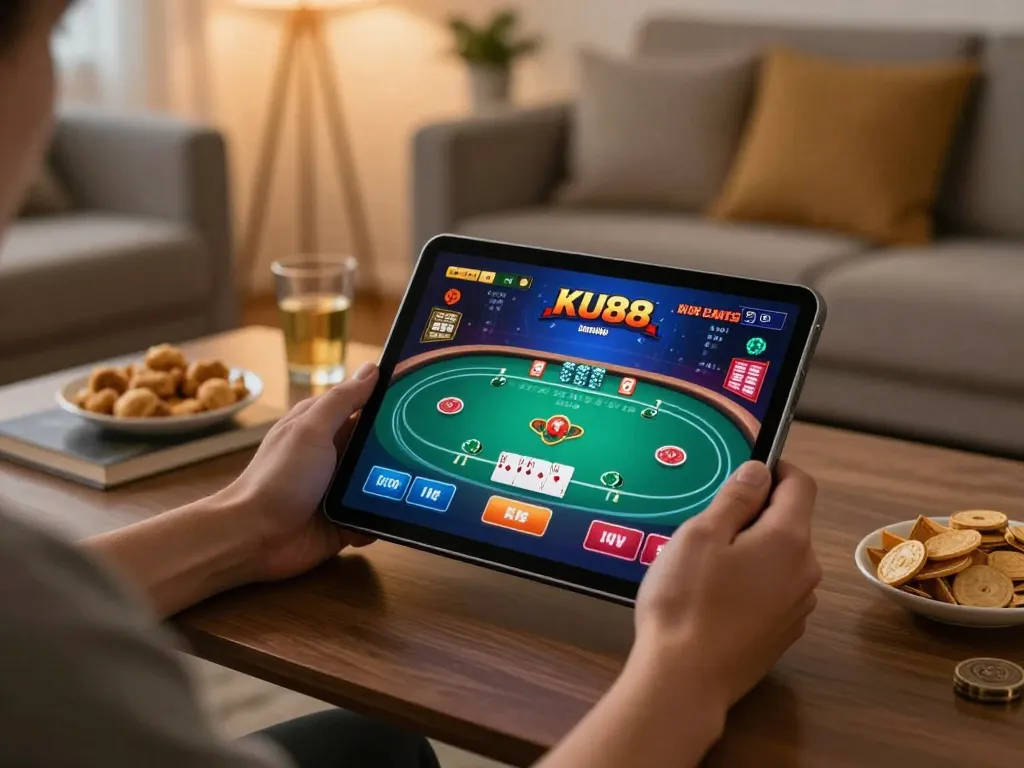 Engaging online poker gameplay on KU88 tablet in a cozy living room setting.
