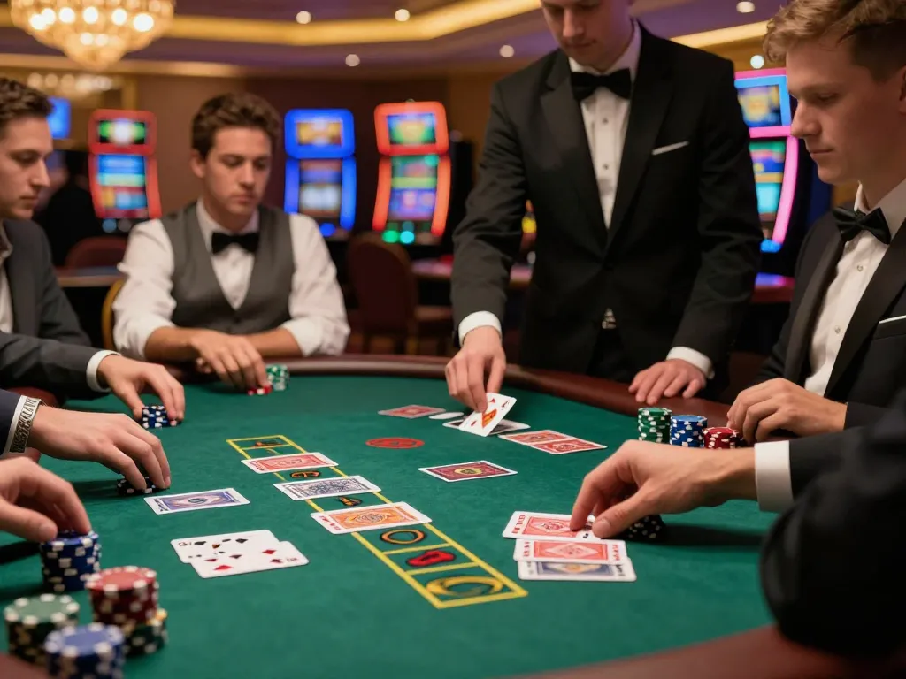 Players engaged in intense blackjack action at https://da88.navy/ casino table, luxury setting with warm lighting.