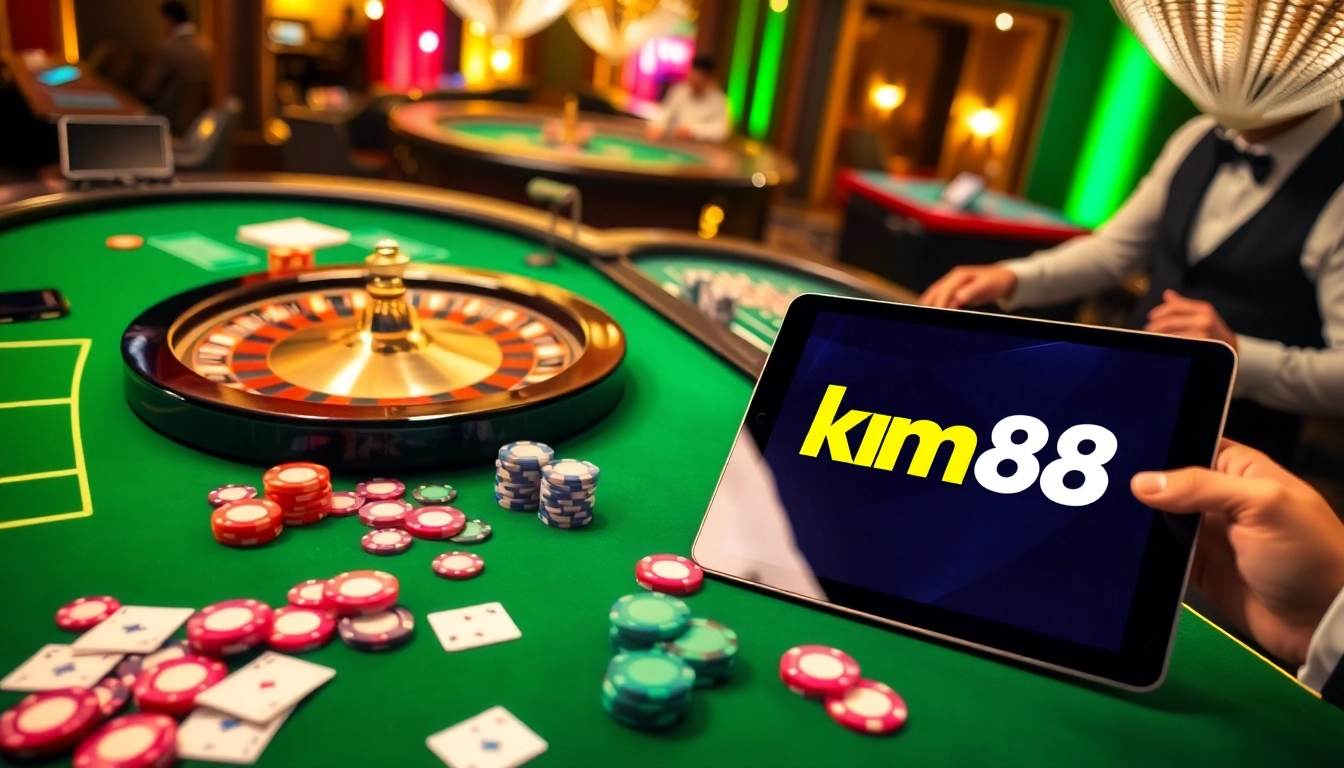 Experience thrilling moments at km88 casino with vibrant gaming tables and neon lights.