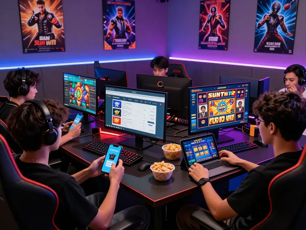 Engaged gamers exploring the tải sun win app on multiple devices in a vibrant gaming setup, highlighting popular casino features.