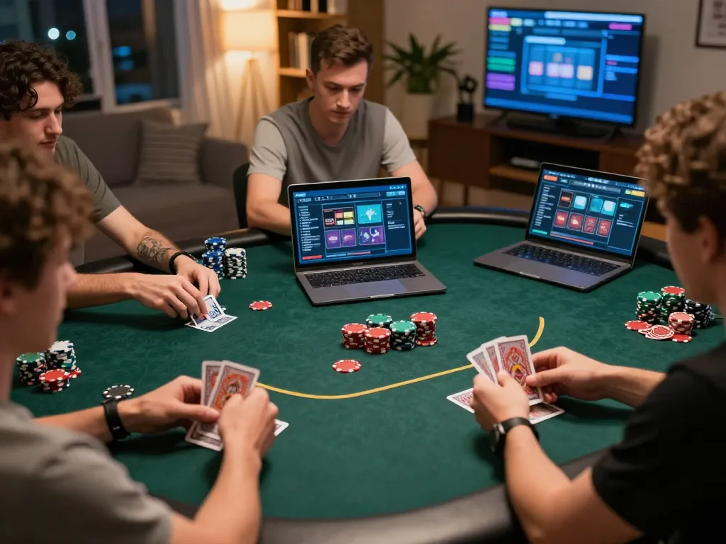 Players engaging in an online poker game at https://five88az.net/ with laptops and vibrant chips visible.