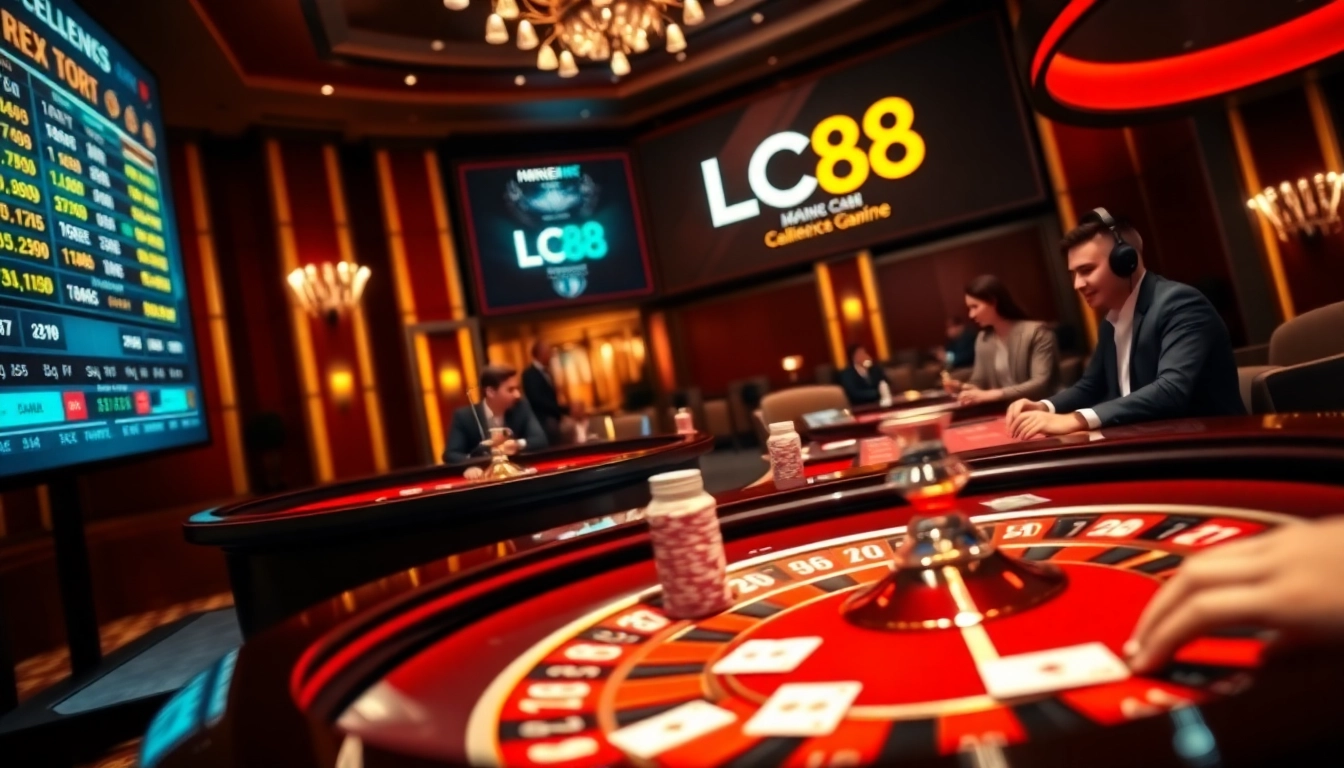 Experience the thrill of LC88 at a luxurious casino, featuring high-stakes poker and roulette action.