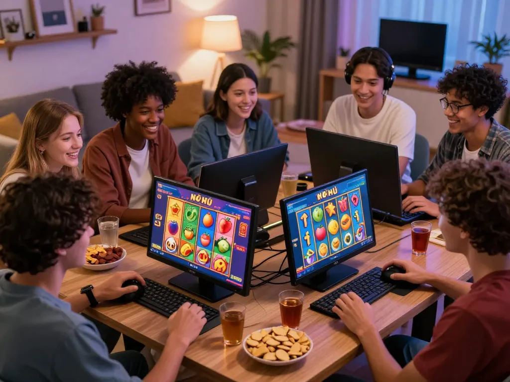 Nổ Hũ gaming experience with friends enjoying vibrant slot machines in a cozy living room setting.