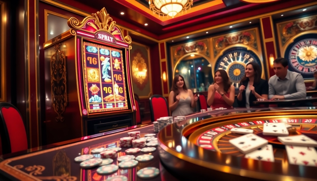 Experience the thrill of nổ hũ with vibrant casino slot machines and excited players.