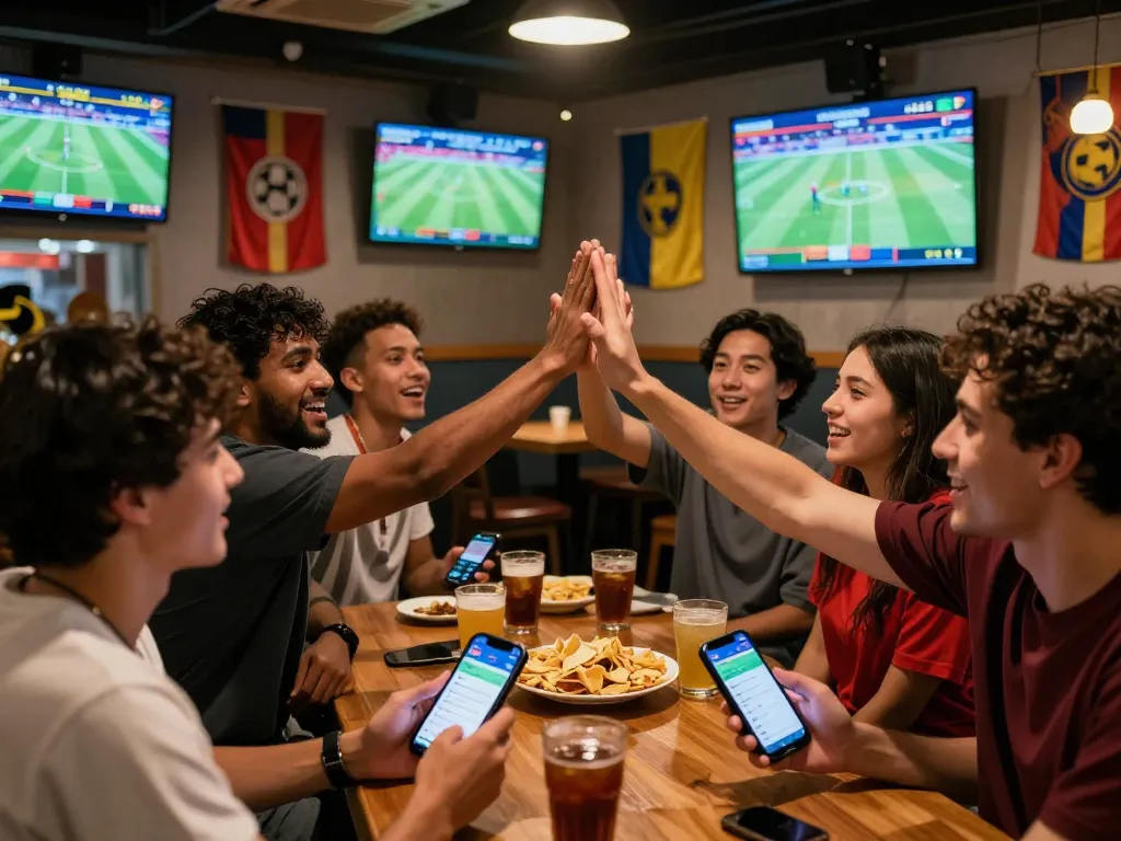 Bụi bặm bóng đá kèo nhà cái scene at a lively sports bar with friends celebrating bets.