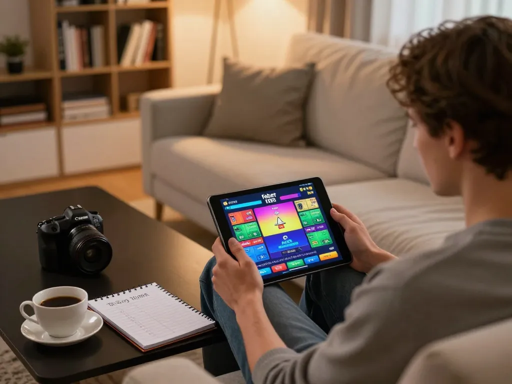 Player engaging with fabet online casino interface on tablet in a cozy home setting