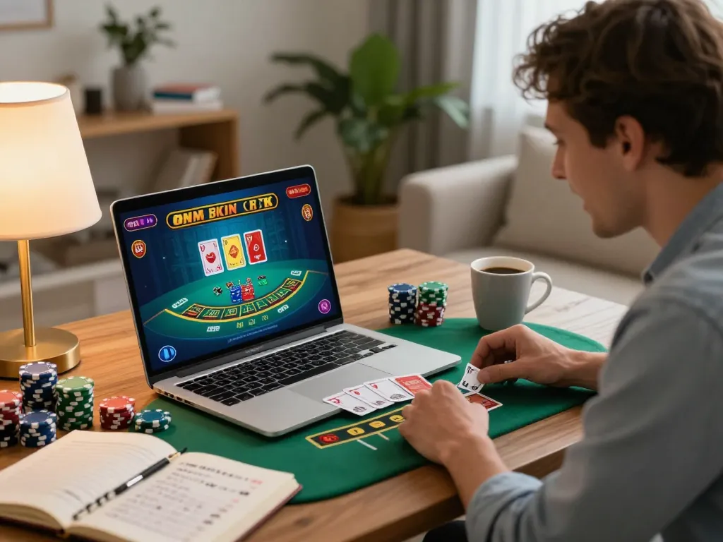 Engaged player experiencing DA88 blackjack game online at home with strategic notes