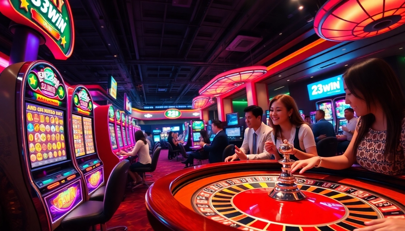 Exciting gaming scene at 23win casino with vibrant players and colorful machines.
