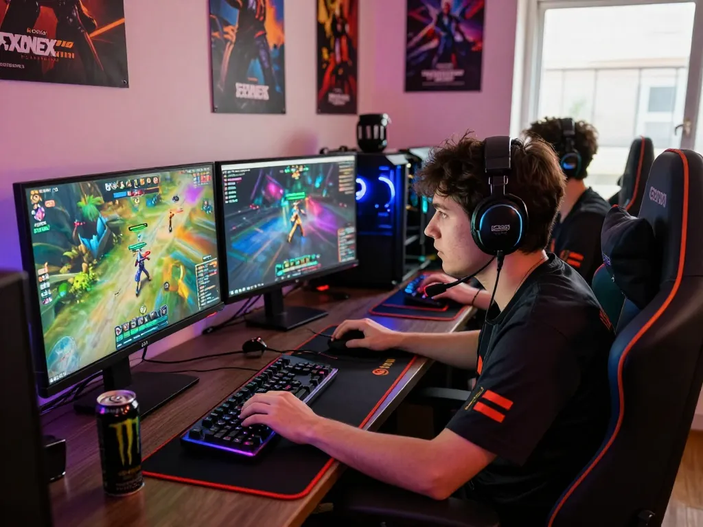 Engaging gaming scene at https://bomwin.jp.net/ with a focused gamer in a vibrant setup during an online match.