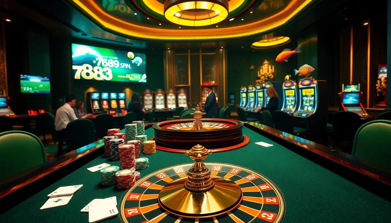 Casual players enjoying diverse games at 789f's luxurious casino, highlighting poker chips and card games.