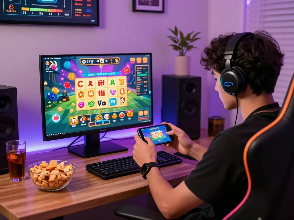Player engaging with tải sun win app on smartphone, vibrant gaming setup with snacks and ambient lighting, lively atmosphere.