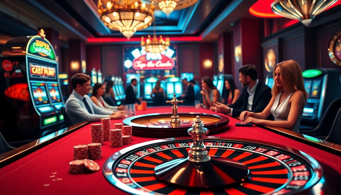 Experience the thrill of online gaming at open88.com with a luxurious casino scene featuring vibrant slot machines and an elegant roulette table.