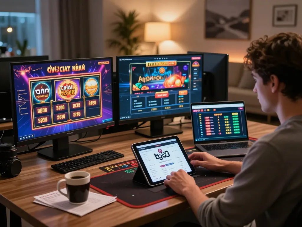 An engaged player explores nhà cái tg88 in a modern, inviting home gaming setup with multiple screens.