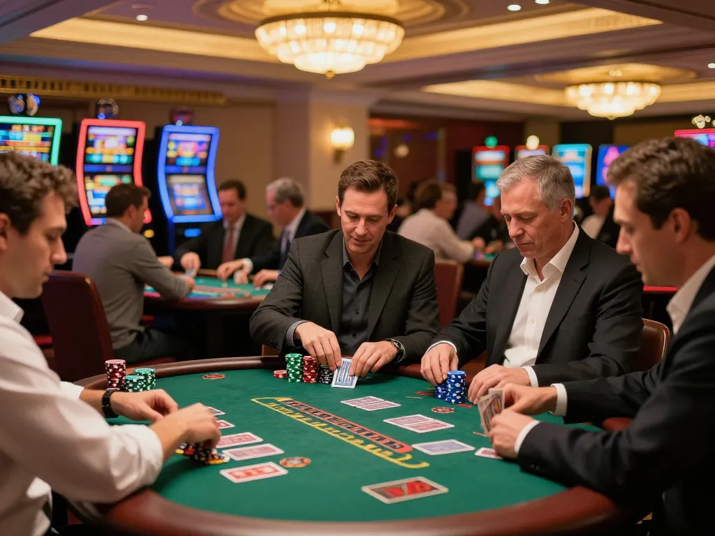 DEBET players engaged at blackjack tables in a vibrant casino, showcasing strategic gaming moments.