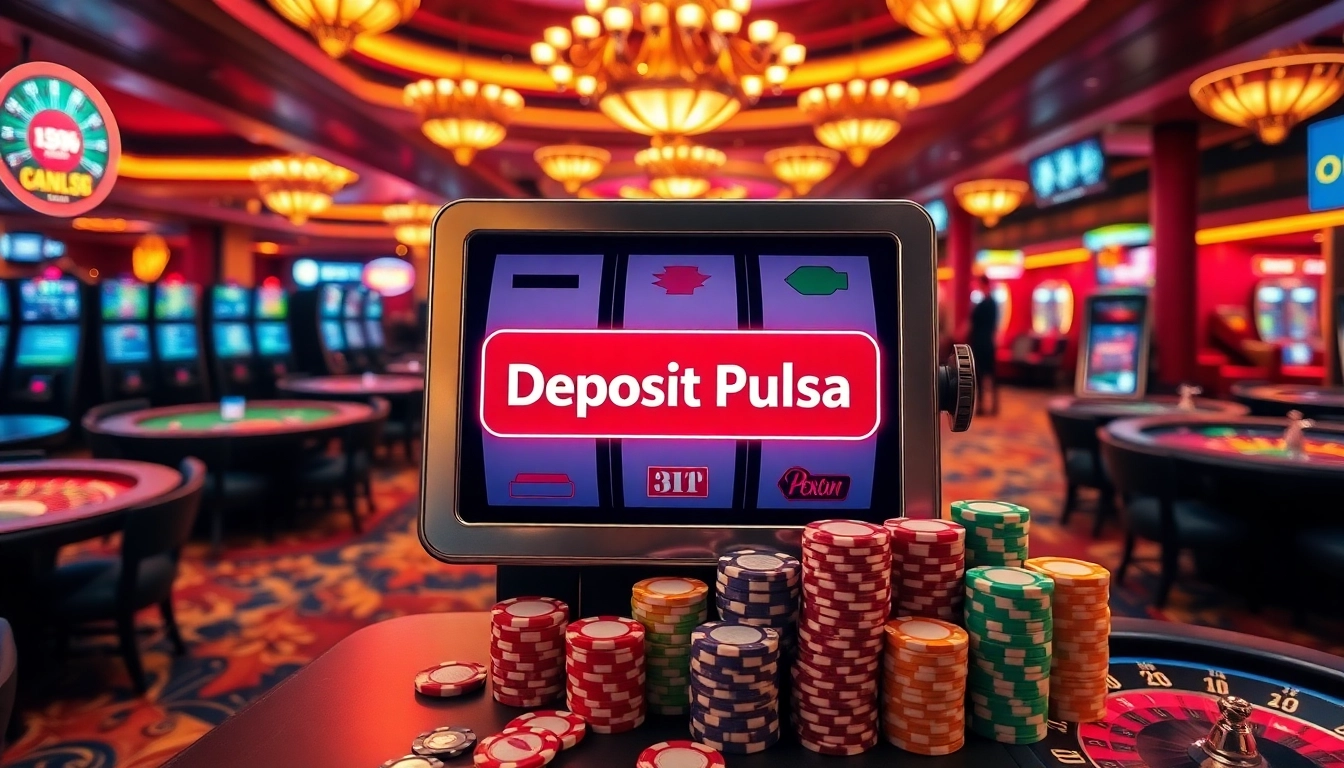 Engaging digital slot machine with 'slot deposit pulsa' option and vibrant casino atmosphere.