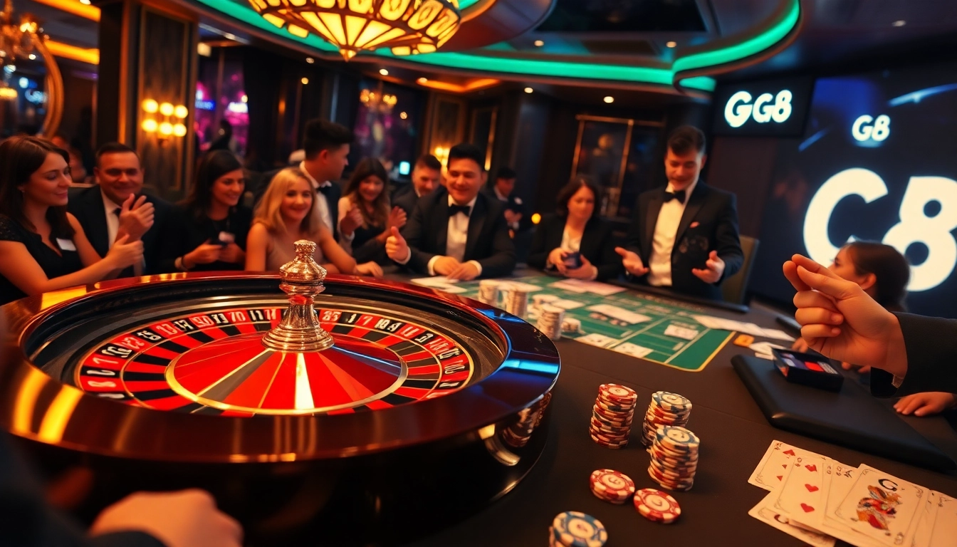Players celebrate wins at a luxurious casino table featuring go8 elements, poker chips, roulette, and cards.