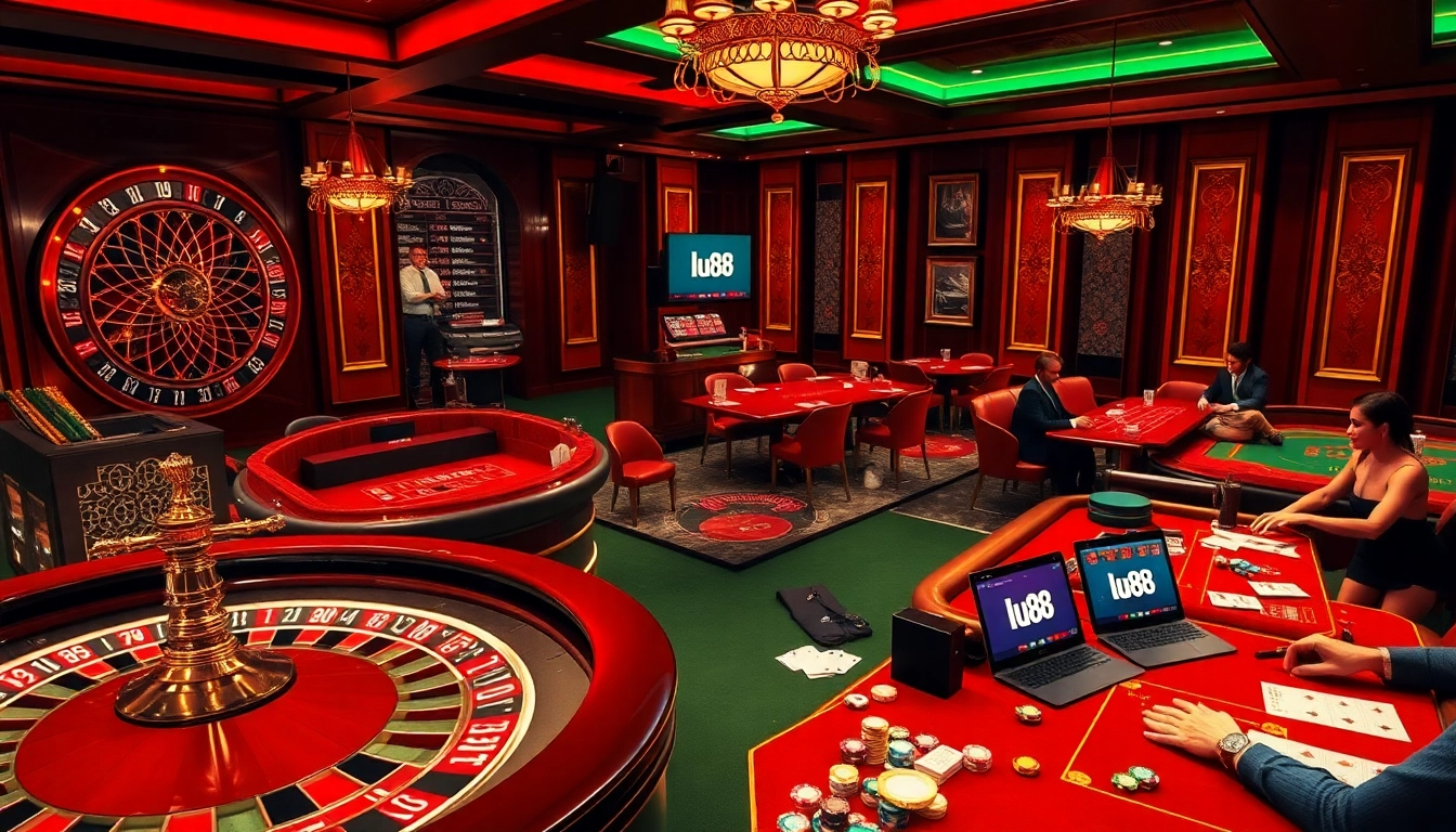 Experience the excitement of lu88 with a luxurious casino setting filled with roulette, poker chips, and engaged players.