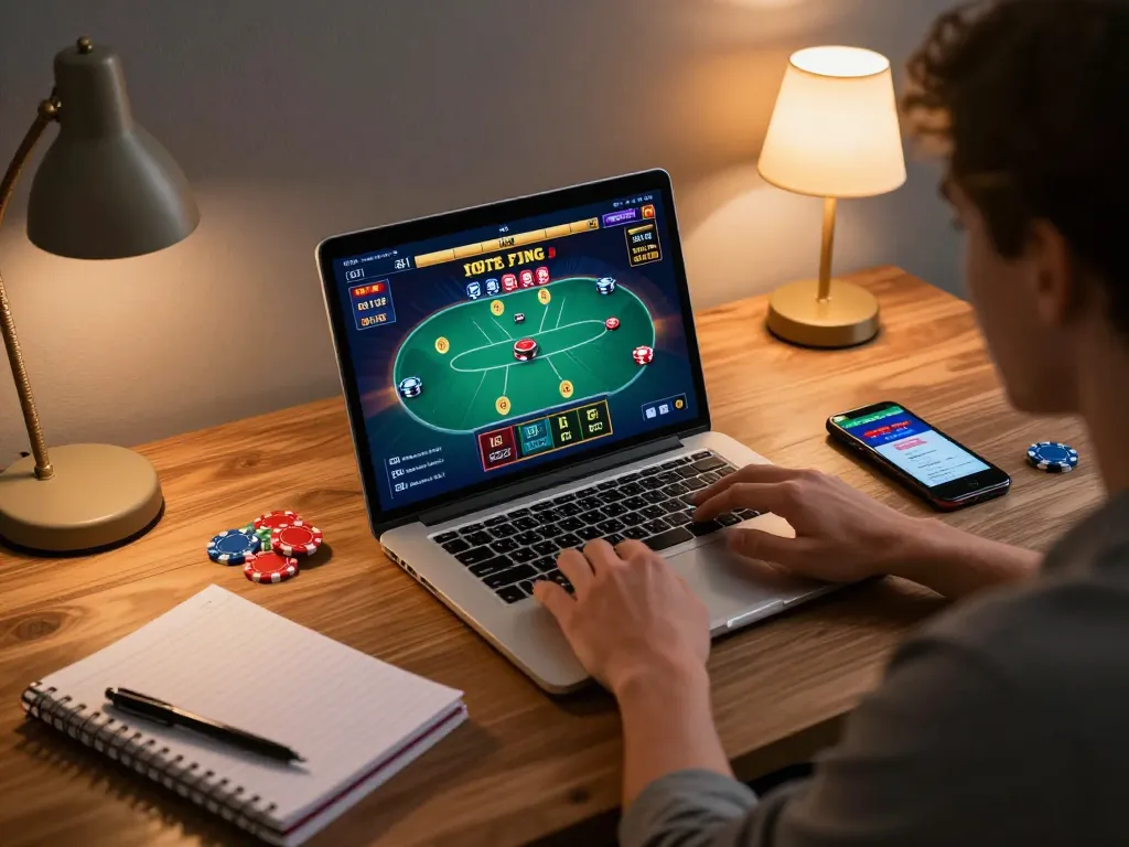 Person using laptop for online poker, showcasing trang chủ LUCK8 gaming features effectively.