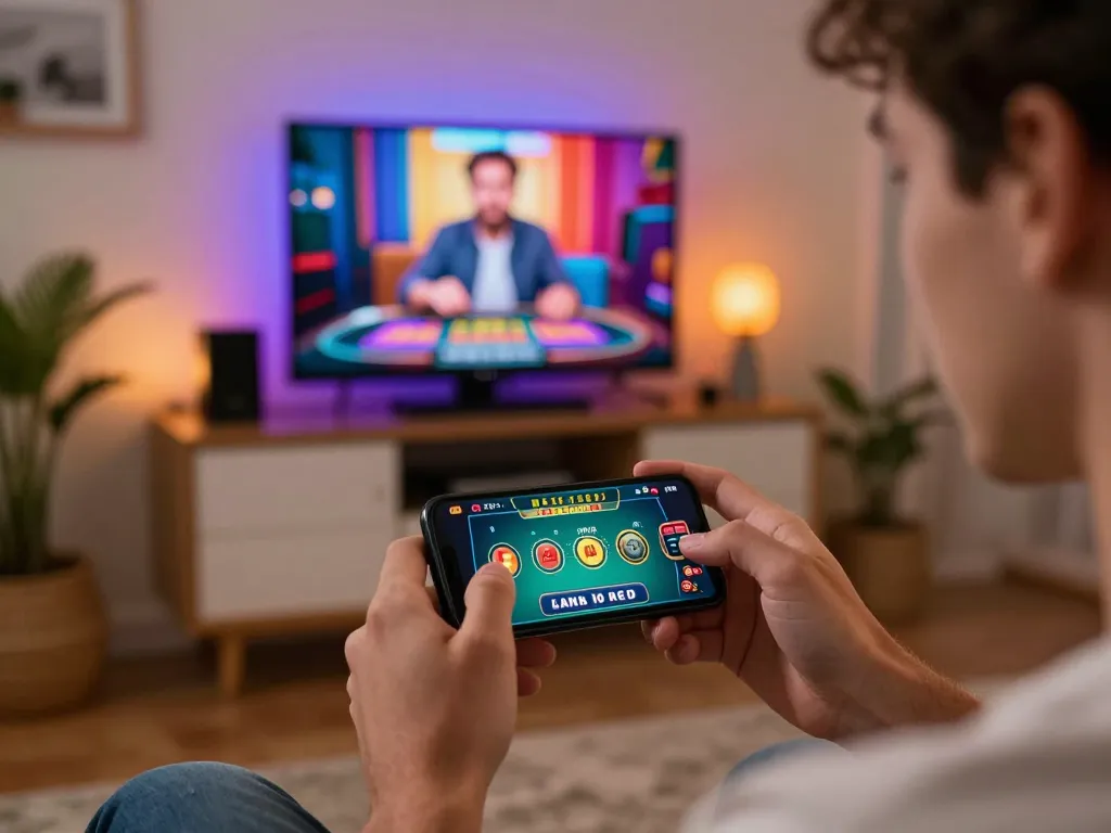 Player enjoying the Lu88 online casino experience on a smartphone in a cozy home setting