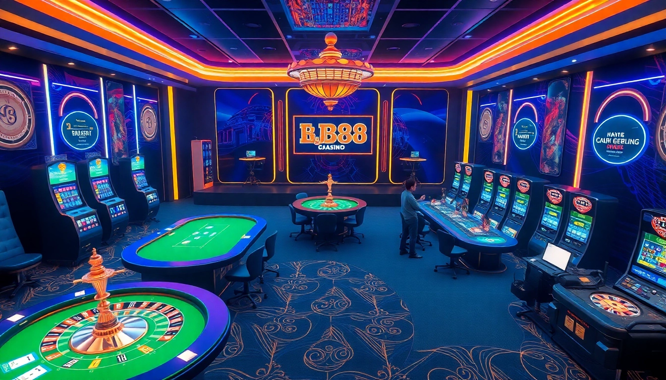 Players enjoying live betting at BJ88's vibrant online casino, featuring poker tables and slot machines.