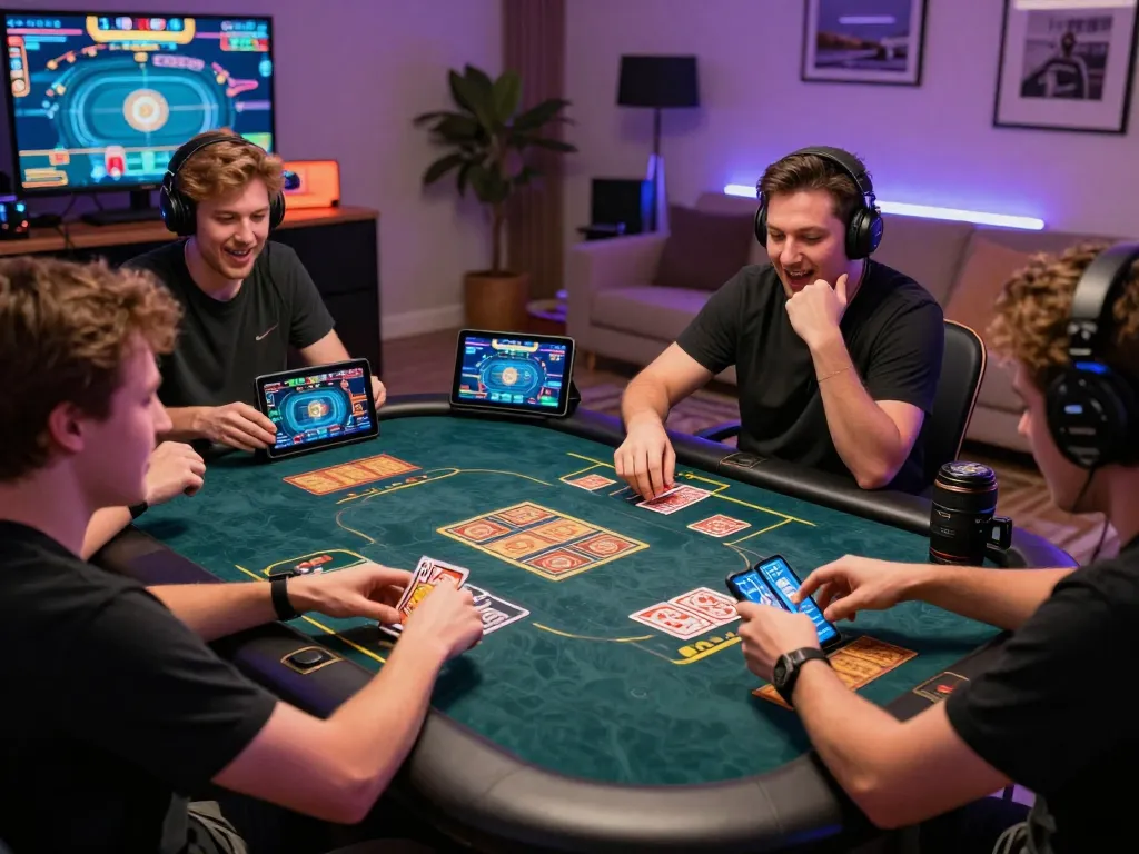 Players enjoying an exciting card game experience with 789 club, showcasing vibrant gaming devices and lively atmosphere.