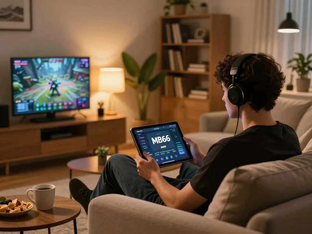MB66 đăng nhập scene showcasing a user engaged in online gaming on a tablet in a cozy environment.
