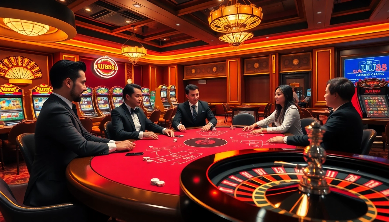 Experience thrilling gameplay at UU88 casino with a luxurious poker table and vibrant slot machines.