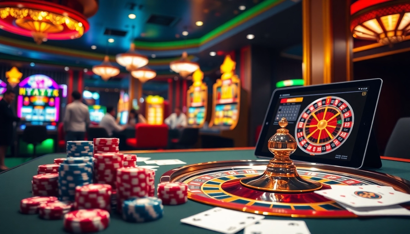 Place bets and win big at https://f168.vision/ with an exciting casino scene featuring vibrant poker chips and cards.