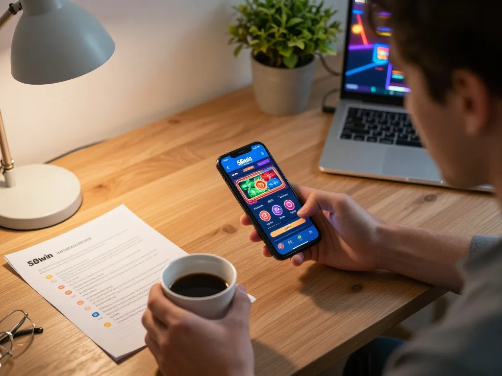 Engage with the 58win com app for online gaming in a cozy home office setting.