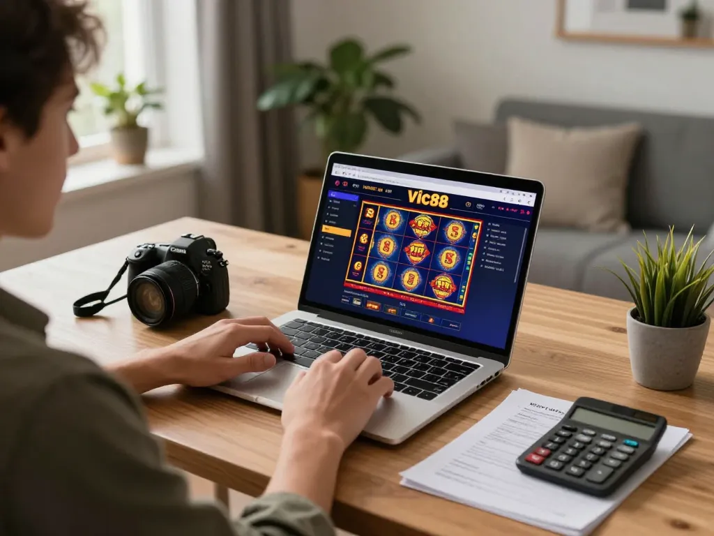 Playing exciting online slots on vic88 in a cozy home office with strategic notes.