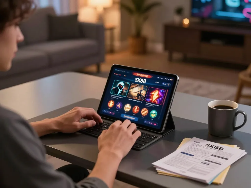 Engaging with SX88 online casino app on a tablet in a cozy home setting