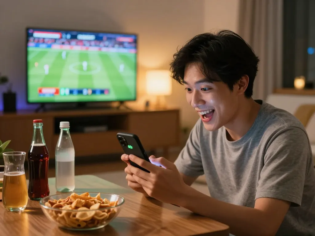 Engaging in kèo bóng đá trực tuyến during a thrilling match, placing bets on smartphone.