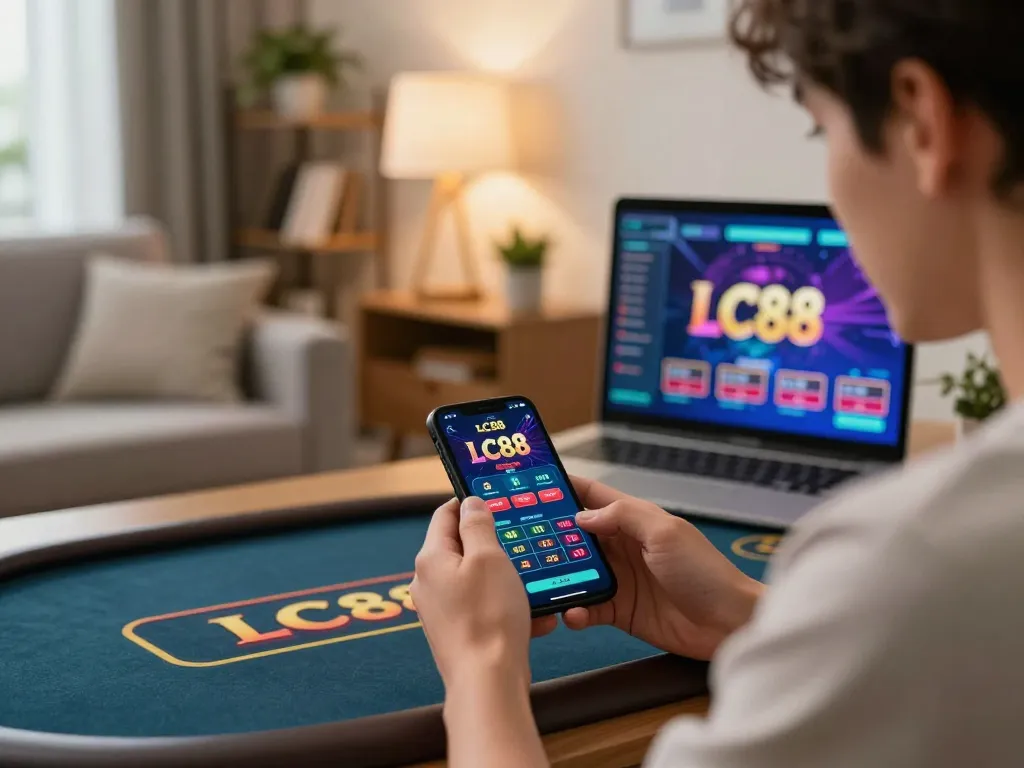 Engaged player using LC88 app for online gambling on smartphone in a stylish home setting.