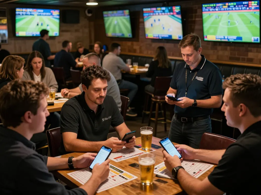 Excited players analyzing tỷ lệ kèo and placing bets in a lively sports bar atmosphere.