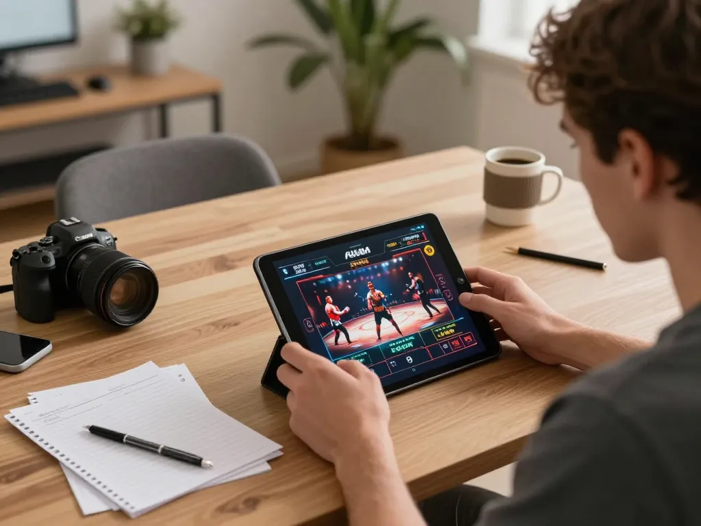 Daga online betting experience with a person strategically engaged in live betting on their tablet in a cozy home setting.