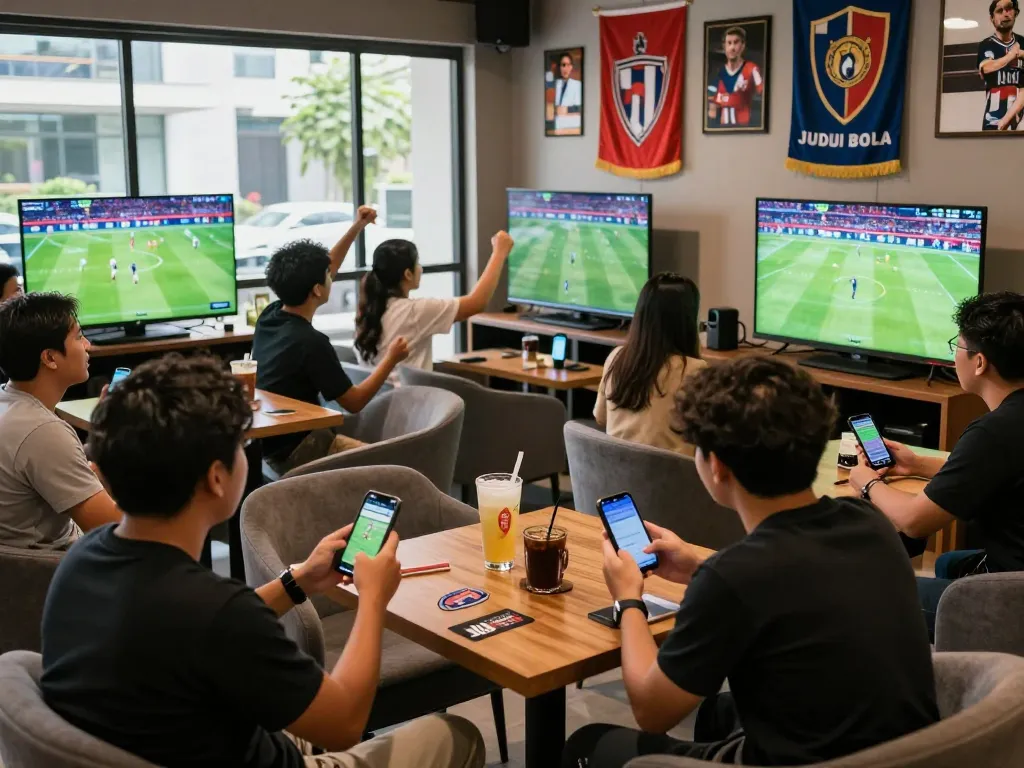 Enthusiastic fans engaging in Judi Bola betting at a lively sports lounge.