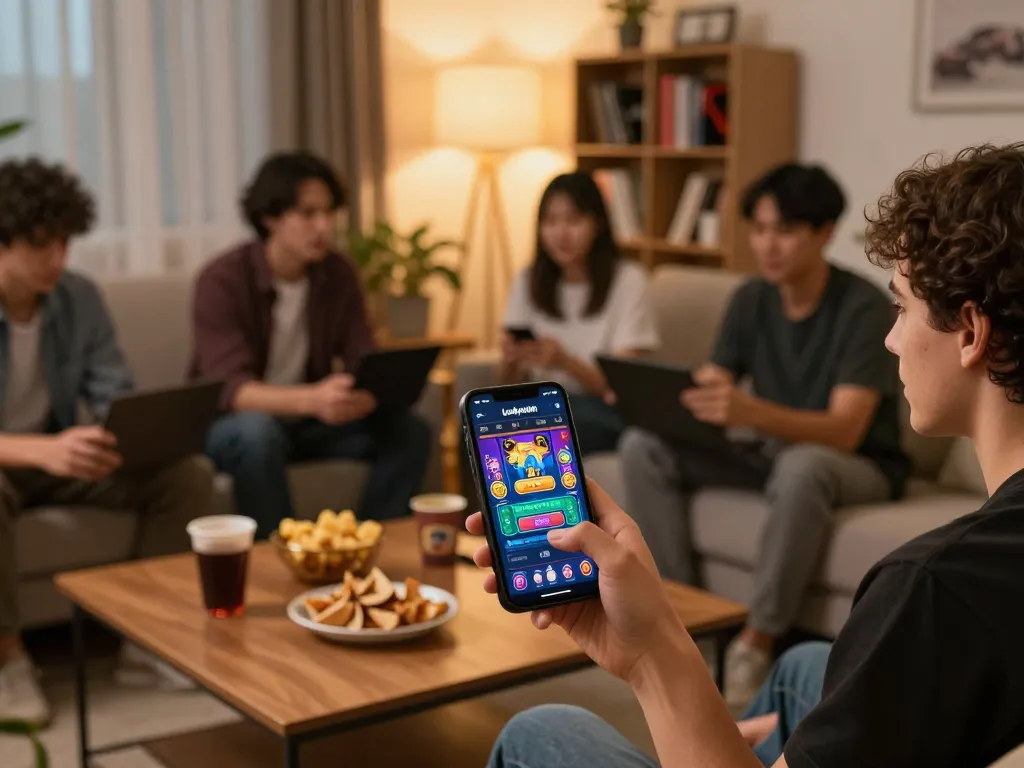 Playing games on luckywin trang chủ casino app in a cozy home setting, with snacks and a smartphone display.