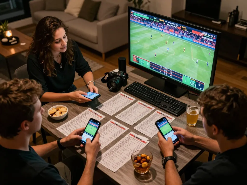 Engaging sports betting scene where enthusiasts analyze odds and place bets using TIP88 on their phones.