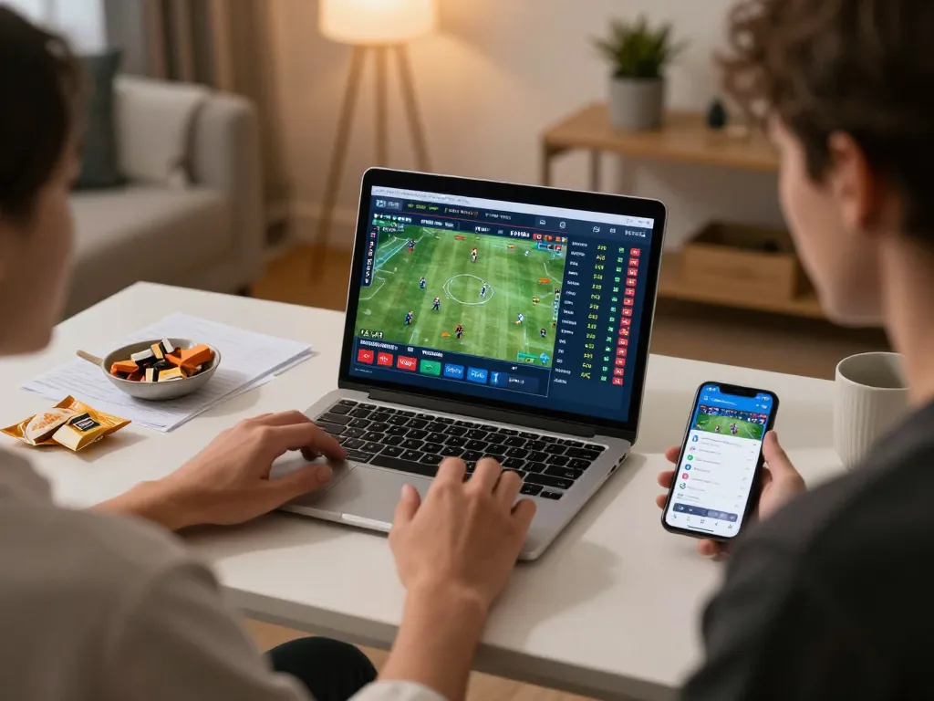 Betting enthusiast analyzing odds on their laptop at home while using the go8 app for sports betting.