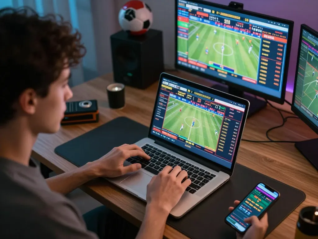 UU88 user analyzing sports betting odds on a laptop in a stylish home office setting.