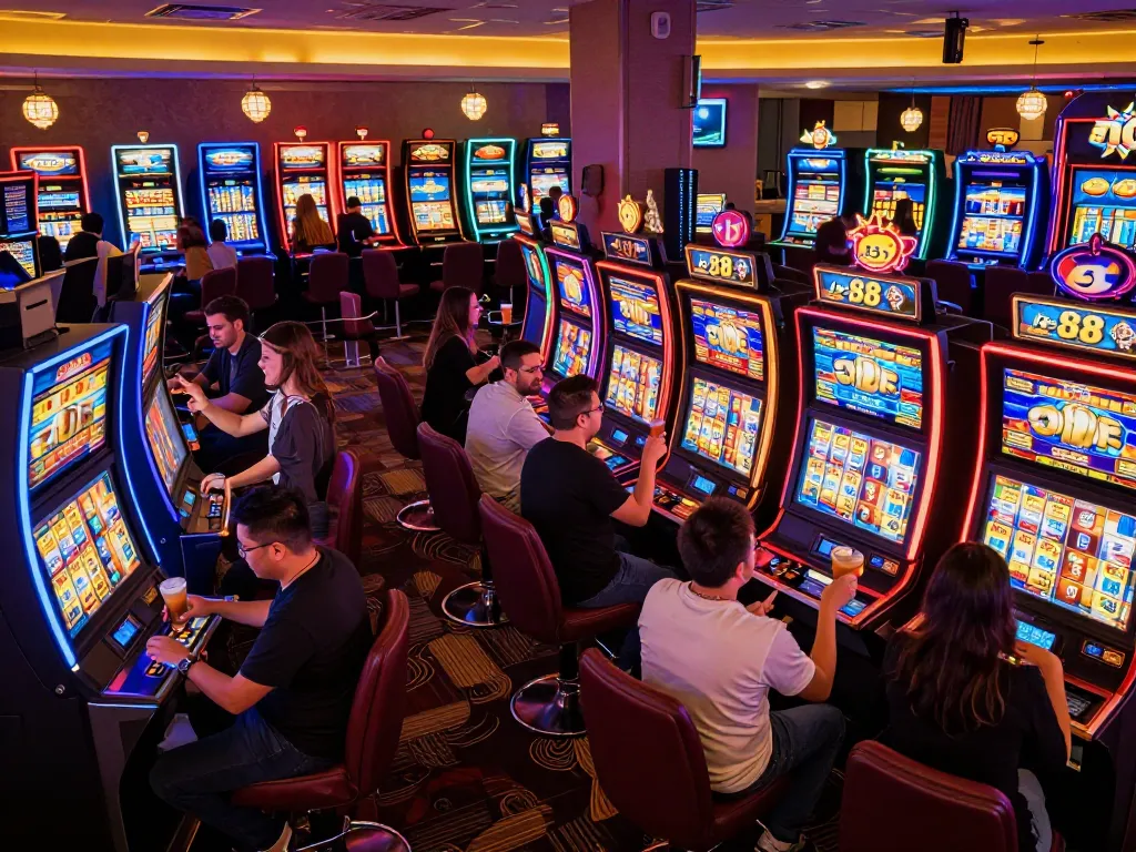 Players enjoying vibrant slot machines at lc 88 casino, illuminated with colorful ambient lights