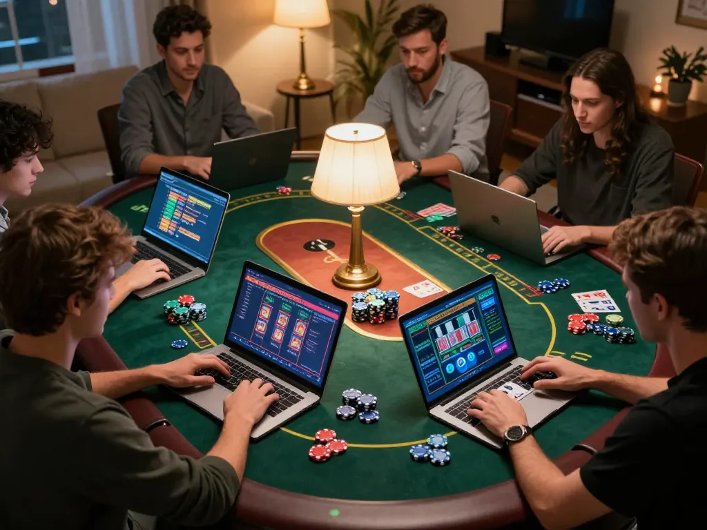 Tubidy mp3 download enhancing the fun during an online casino session with friends, showcasing laptops and poker tables.